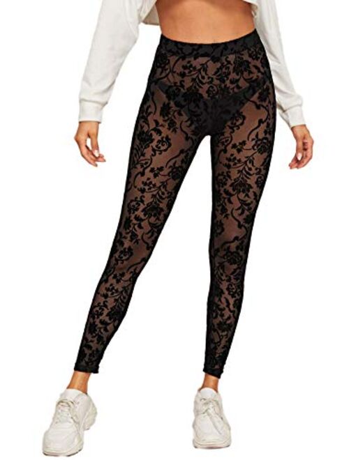 SweatyRocks Women's Floral Sheer Mesh Leggings Stretchy High Waist Pants