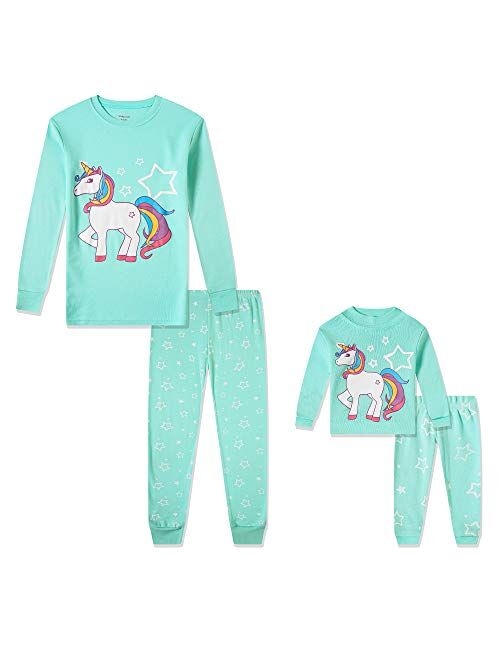 Babyroom Girls Matching Doll&Toddler 4 Piece Cotton Pajamas Toddler Unicorn Sleepwear