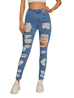 Women's Casual High Waist Ripped Skinny Jeans Distressed Denim Pants
