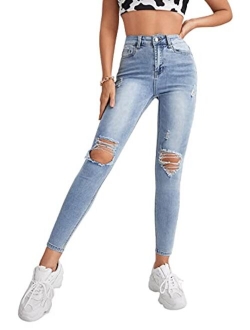 Women's Casual High Waist Ripped Skinny Jeans Distressed Denim Pants
