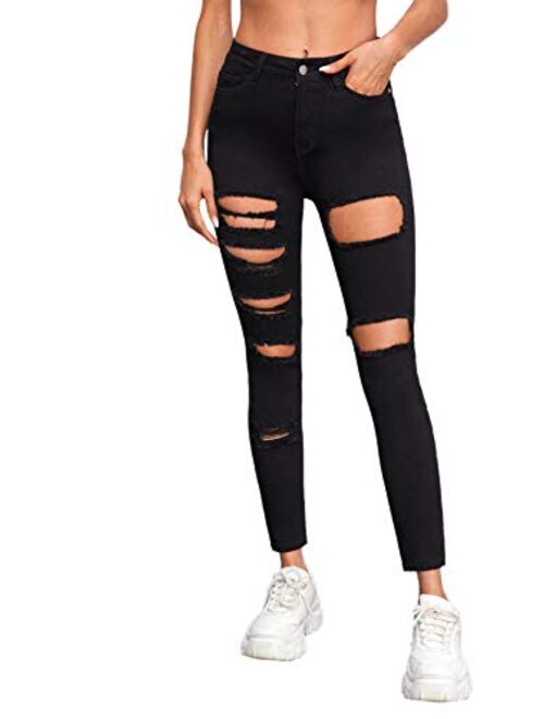 SweatyRocks Women's Casual High Waist Ripped Skinny Jeans Distressed Denim Pants