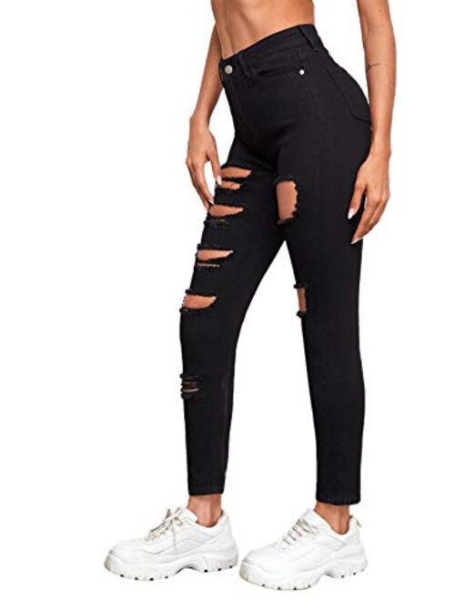 SweatyRocks Women's Casual High Waist Ripped Skinny Jeans Distressed Denim Pants