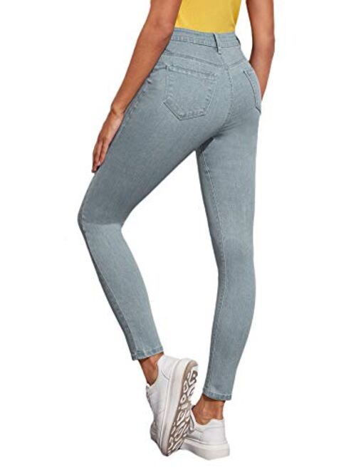 SweatyRocks Women's Casual Button High Rise Skinny Denim Jeans