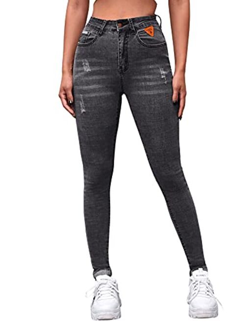 SweatyRocks Women's Casual Button High Rise Skinny Denim Jeans