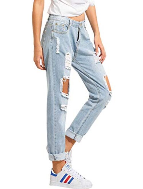 SweatyRocks Women's Ripped Boyfriend Jeans Distressed Denim Ankle Length Jeans