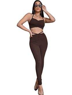 Women's 2 Piece Outfits Ruched Halter Crop Cami Top and Leggings Set Tracksuit