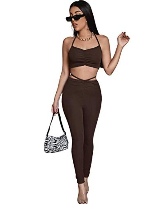 SweatyRocks Women's 2 Piece Outfits Ruched Halter Crop Cami Top and Leggings Set Tracksuit