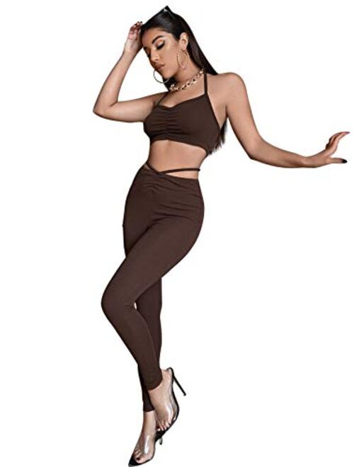 SweatyRocks Women's 2 Piece Outfits Ruched Halter Crop Cami Top and Leggings Set Tracksuit