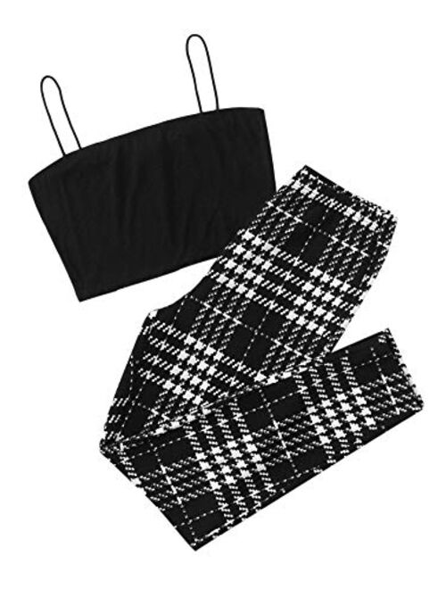 SweatyRocks Women's 2 Piece Outfits Spaghetti Strap Crop Top with Plaid Pants Set