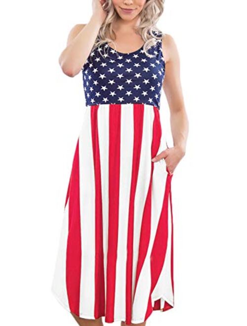 Spadehill Women July 4th American Flag Sleeveless Dress with Pockets