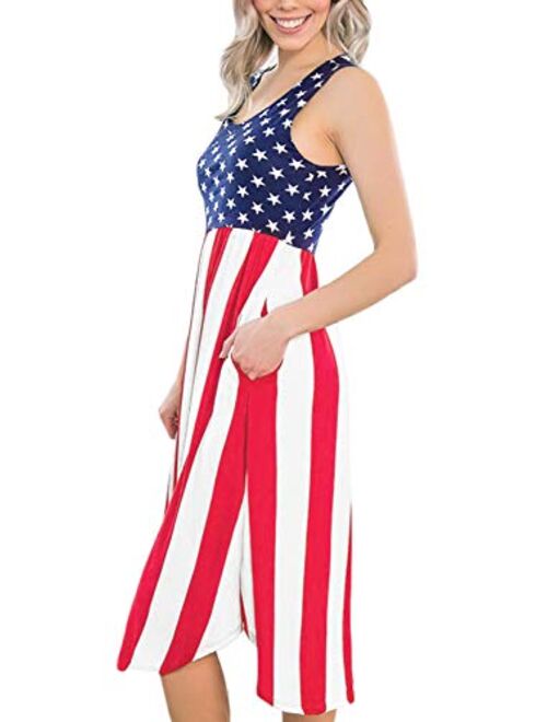 Spadehill Women July 4th American Flag Sleeveless Dress with Pockets