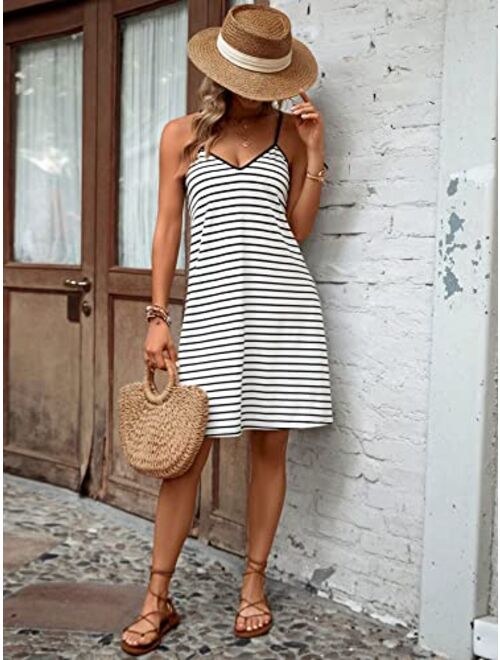 SweatyRocks Women's Causal Summer Short Dresses V Neck Spaghetti Strap Loose Mini Dress