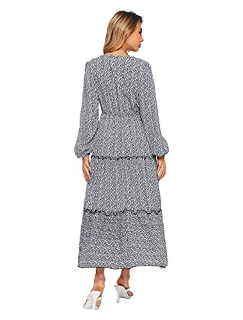 SweatyRocks Women's Long Sleeve Floral Print Flared Flowy Chiffon Maxi Dress