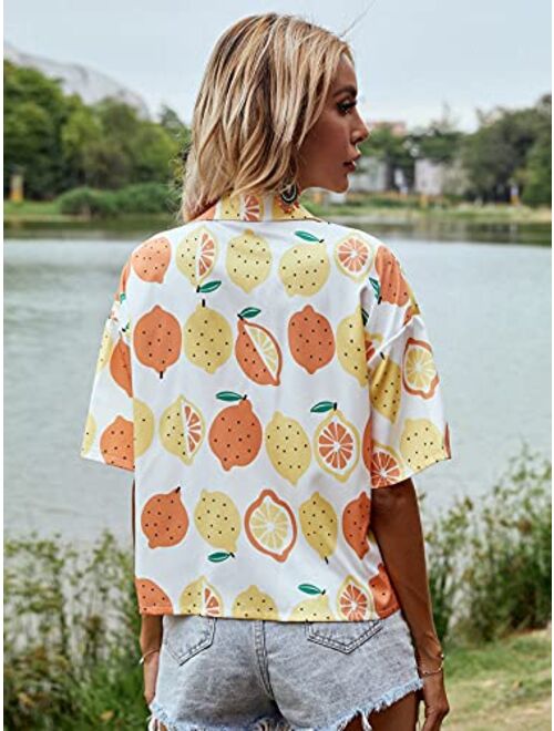 SweatyRocks Women's Short Sleeve Cute Print Button Down Shirt Tops