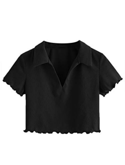 Women's Collar Ribbed Knit Tee Short Sleeve Crop Top T-Shirts