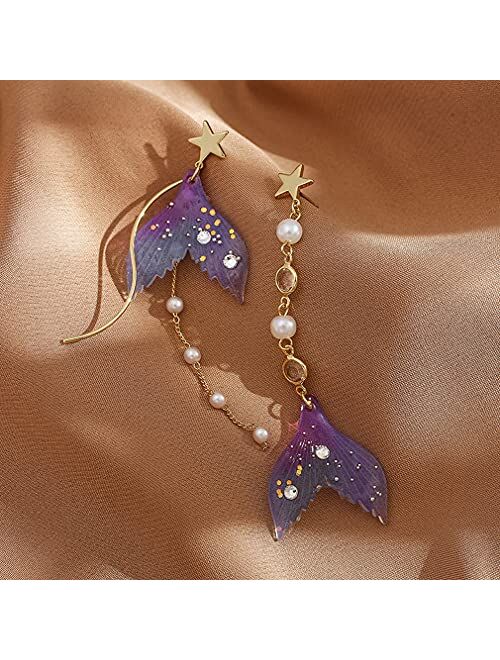 Mermaid Earrings - Sequin Resin Fish Tail Dangly Earrings for Women,Unique Mermaid Dangle Drop Earrings,S925 Sterling Silver Earrings for Girls Hypoallergenic,Beach Earri