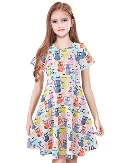 ModaIOO Girls Short Sleeve Dresses,Casual Print Playwears Matching Dolls & Girls Clothes