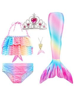 5Pcs Girls Swimsuit Mermaid Tails for Swimming Princess Bikini Bathing Suit Set Can Add Monofin for 4T 6T 8T 10T 12T