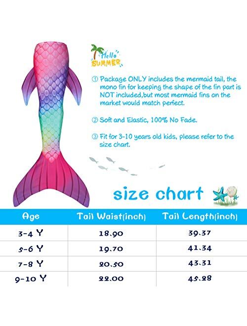 RAISEVERN Girls Mermaid Tail for Swimming Princess Swimsuit One Piece Swimwear 3-10 Years