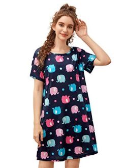 Women's Casual Nightgown Sleepwear Short Sleeves Cherry Print Sleepdress