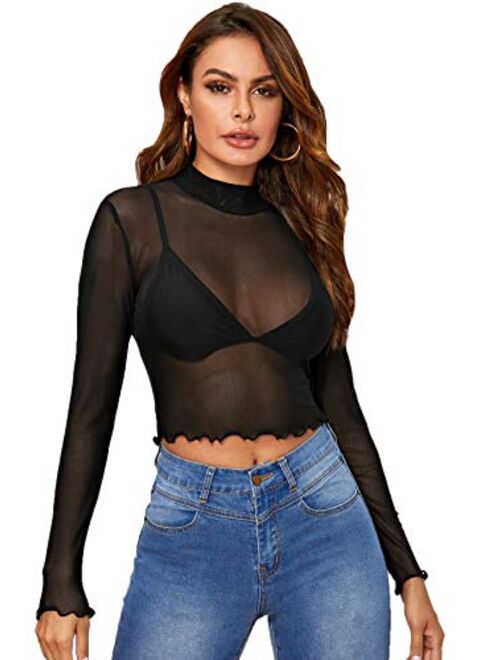 SweatyRocks Women's See Through Shirts Basic Long Sleeve Sheer Mesh Crop Tops