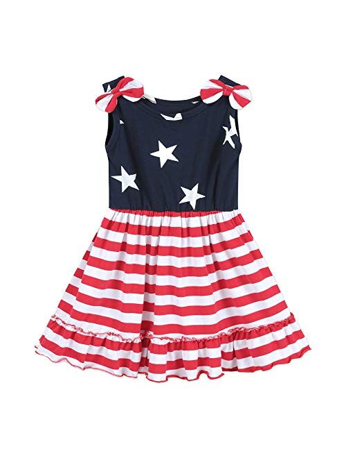 Little Hand Girl Dress American Flag Sundress Little Kids 4Th of July Patriotic Clothes Stripe Sleeveless Tank Dress