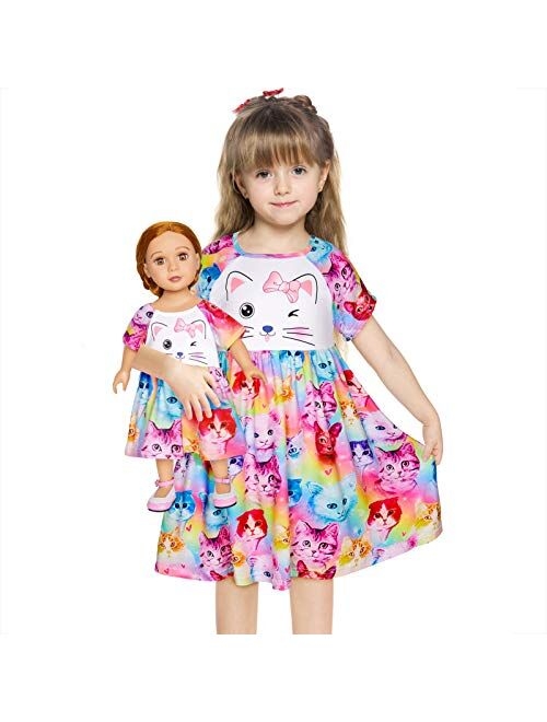 MHJY Girl and Doll Matching Nightgown Cat Sleepwear Night Dress for Girls and 18" Dolls