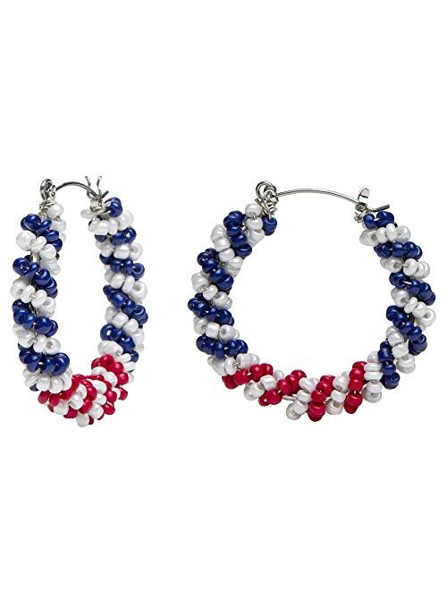 Americana Collection Seed Bead USA Flag Hoop Drop Dangle Earrings for Women