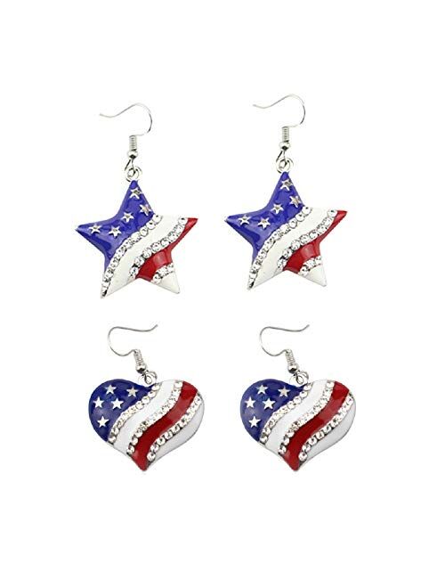 Patriotic Red White Blue American USA Flag Star and Heart Shape Dangle Drop Earrings 4th of July Independence Day Gift Silver Color Jewelry for Women Girls
