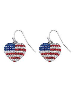 Silvertone Round Red, White and Blue Crystal American Flag Heart Drop Earrings (16x15mm)