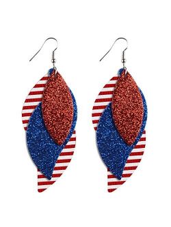 Vanjewnol 3 Layered Red White and Blue Earrings for Women Lightweight Faux Leather Leaf Drop Dangle Earrings Double-sided Color Statement Earrings 4th of July Independenc