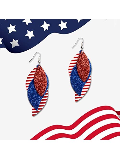 Vanjewnol 3 Layered Red White and Blue Earrings for Women Lightweight Faux Leather Leaf Drop Dangle Earrings Double-sided Color Statement Earrings 4th of July Independenc