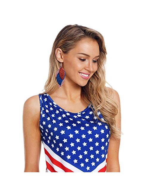 Vanjewnol 3 Layered Red White and Blue Earrings for Women Lightweight Faux Leather Leaf Drop Dangle Earrings Double-sided Color Statement Earrings 4th of July Independenc