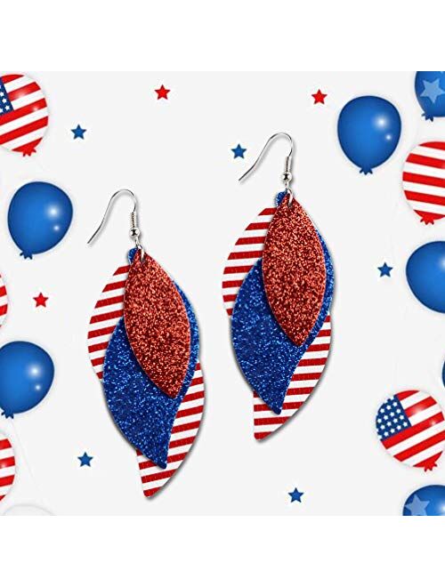 Vanjewnol 3 Layered Red White and Blue Earrings for Women Lightweight Faux Leather Leaf Drop Dangle Earrings Double-sided Color Statement Earrings 4th of July Independenc