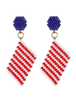 Seed Beaded Earrings for July 4th Independence Day,Handmade Geometric Drop Dangle Earrings Patriotic American Flag Earrings with Round Beaded Disc Stud