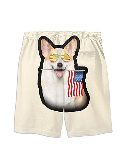 Corgi American Flag Patriotic Sunglasses Beach Swim Trunks Teen Boys Board Shorts Quick Dry