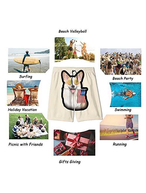 Corgi American Flag Patriotic Sunglasses Beach Swim Trunks Teen Boys Board Shorts Quick Dry