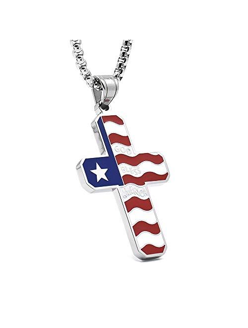American Flag Patriotic Cross Religious Jewelry Enamel Pendant Necklace for Men Chain 24''