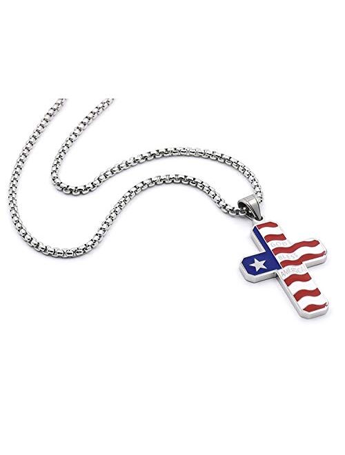 American Flag Patriotic Cross Religious Jewelry Enamel Pendant Necklace for Men Chain 24''