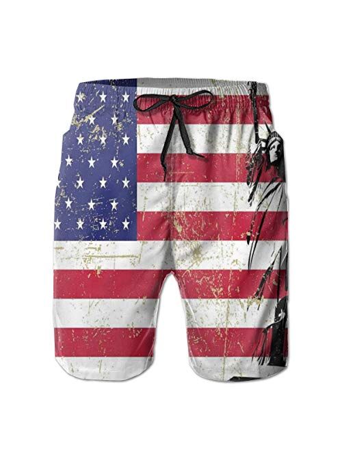AND1 Swimming Shorts Funny Printed,Statue of Liberty and USA Flag Retro Style Enlightening World Famous Icon,Quick Dry Beach Board Trunks with Mesh Lining,Large
