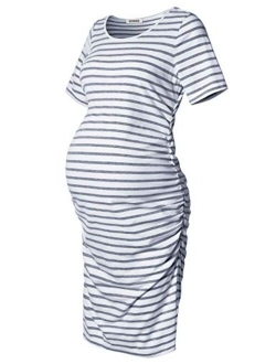 GINKANA Maternity Bodycon Dress Short Sleeve Ruched Sides Casual Pregnancy Clothes