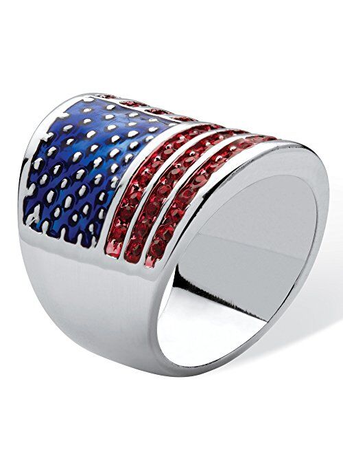Palm Beach Jewelry Silver Tone Round Simulated Red Ruby and Enamel American Flag Ring
