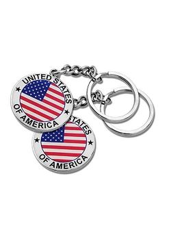 2x Round USA US American Flag & Patriotic Keychain Ring - Set of 2