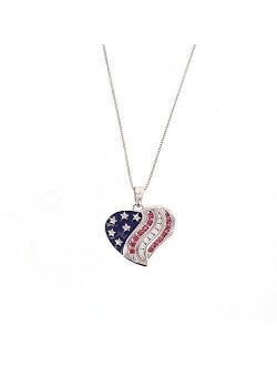 J'ADMIRE Platinum Plated Sterling Silver Swarovski Zirconia American Flag Heart Pendant Necklace, 18"