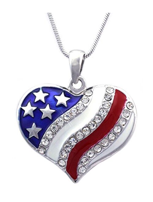 USA American Flag Heart Patriotic 4th of July Independence Day Pendant Necklace & Earrings Set