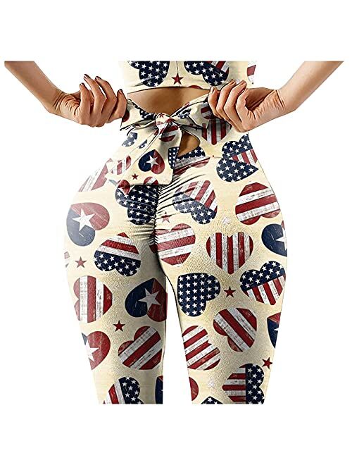4th of July Leggings for Women, Independence Day American Flag Stars and Stripes Patriotic Pants Workout Running Tights