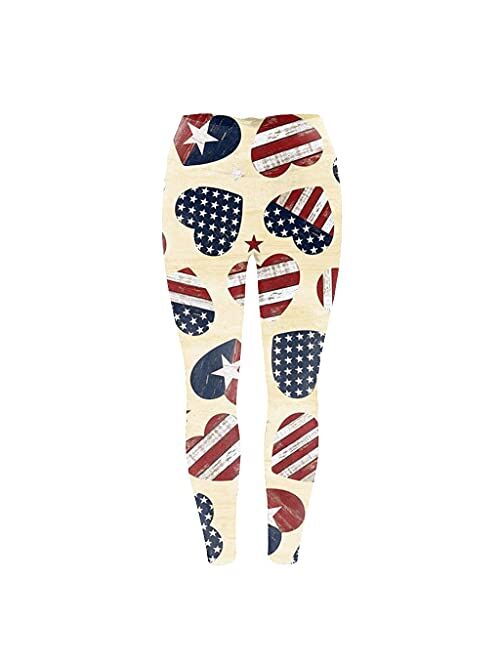 4th of July Leggings for Women, Independence Day American Flag Stars and Stripes Patriotic Pants Workout Running Tights