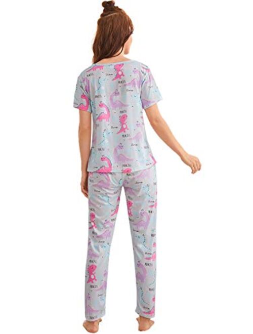 SweatyRocks Women's Cute Printed Pajama Set Short Sleeve Top and Pants with Eye Mask