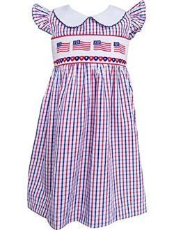 Angeline Baby Girls July 4th Independence Memorial Day Patriotic Red White Blue Embroidery Machine Smocked Dresses
