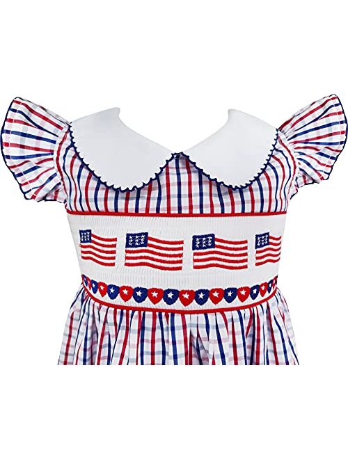 Angeline Baby Girls July 4th Independence Memorial Day Patriotic Red White Blue Embroidery Machine Smocked Dresses